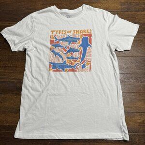 30A Types of Sharks White Beach T-Shirt Size Medium Cotton Blend Colorful!
